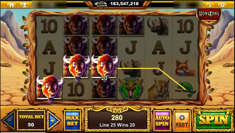 Stacked bison across the middle reels, line 25 paying 20 and 280 in the win box