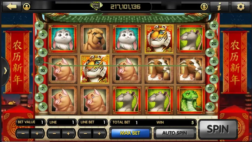 A line win of 5 on line 1 with pigs and a tiger in the middle row