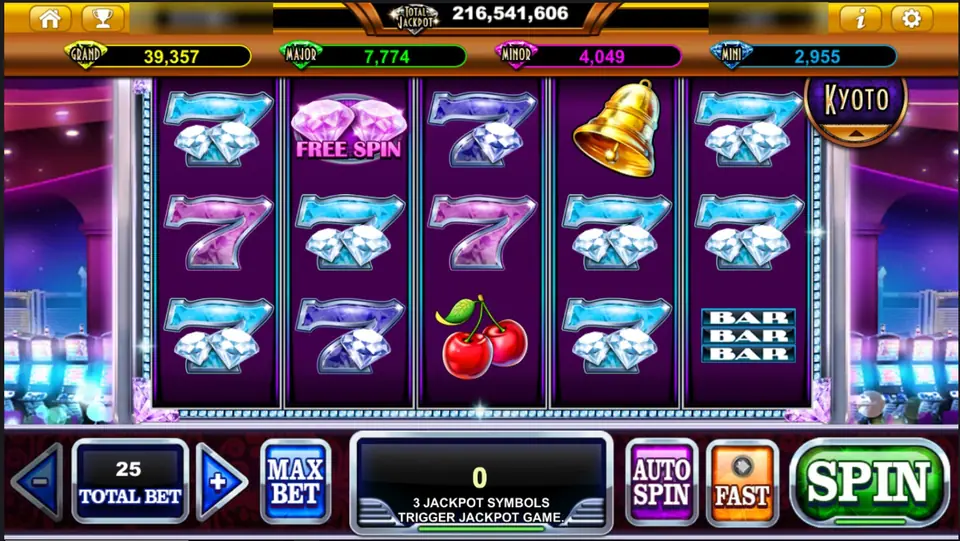Classic Diamond reels with diamond-studded sevens, a pink Free Spin diamond, a gold bell, cherries and a triple bar, total bet 25