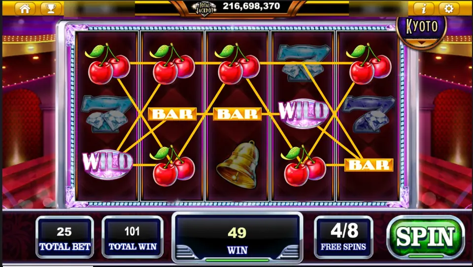 Free spin 4 of 8 with cherry and bar lines crossing two WILD symbols, 49 won