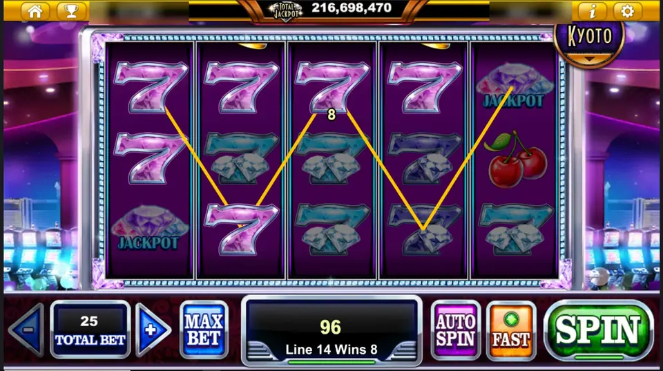 Four pink sevens on line 14 paying 8, with jackpot diamonds on reels 1 and 5