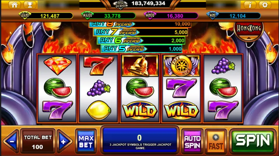 Dashing Inferno reels with a diamond, sevens, fruit, a bell, a winged Free Spins wheel and two WILD symbols under an Any 5 to Any 8 prize ladder