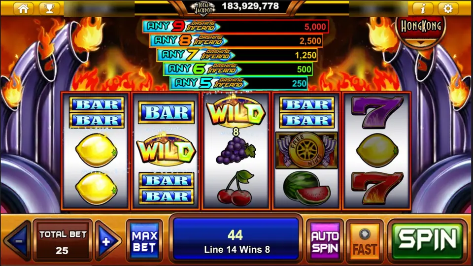 A WILD on reel 3 completing line 14 for 8, ladder from 250 to 5,000 above