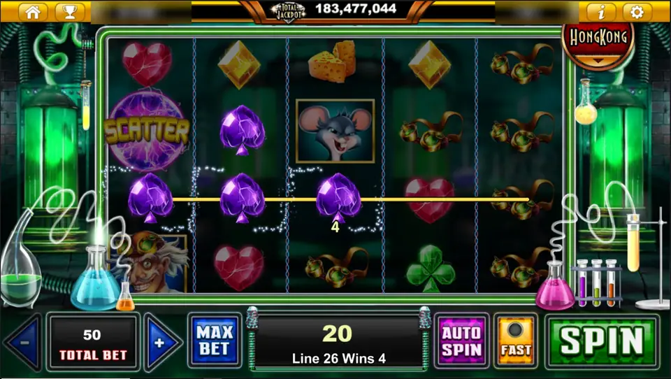 Three purple gem spades on line 26 paying 4, total win 20