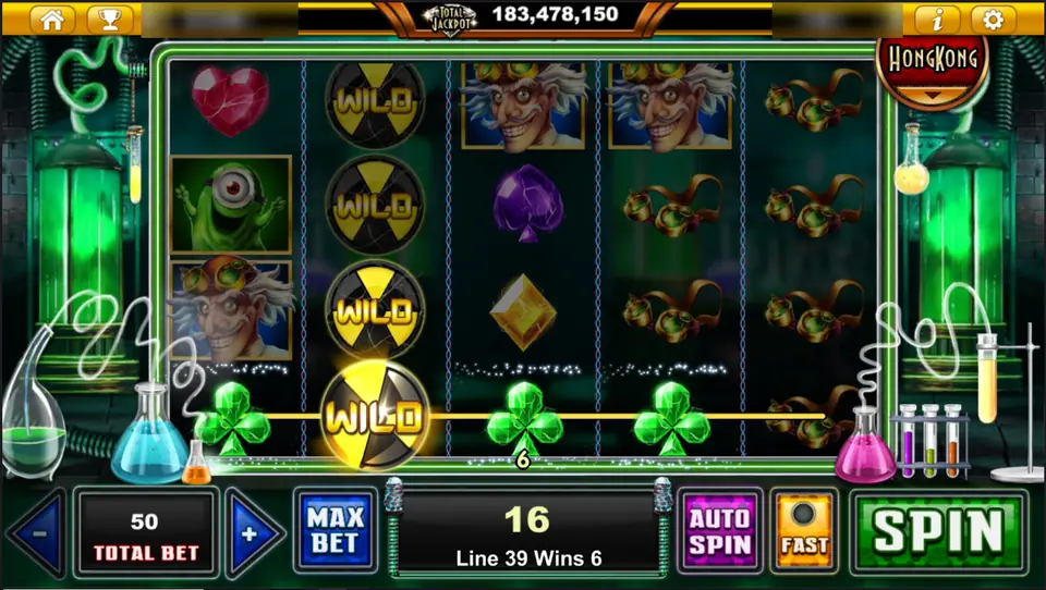 Three radioactive wilds on reel 2, a clover line through one of them paying 6