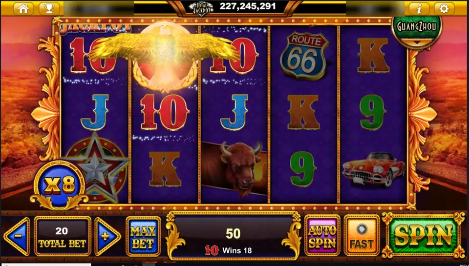 The gold eagle spreading its wings over reels 1 to 3, the orb at x8 and 50 in the win box