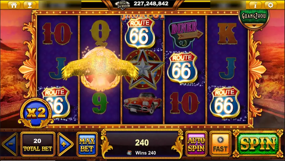 Four Route 66 shields with the eagle over reel 2 and the orb at x2, 240 in the win box