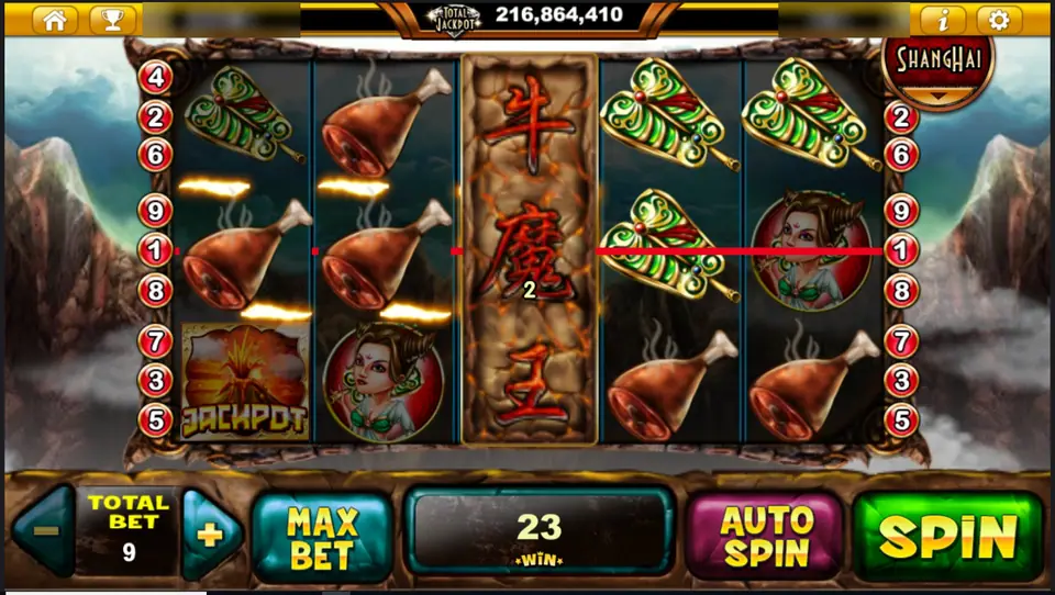 Evil King Ox reels with drumsticks, palm fans, a princess and a volcano Jackpot tile, a stone column with red characters filling reel 3