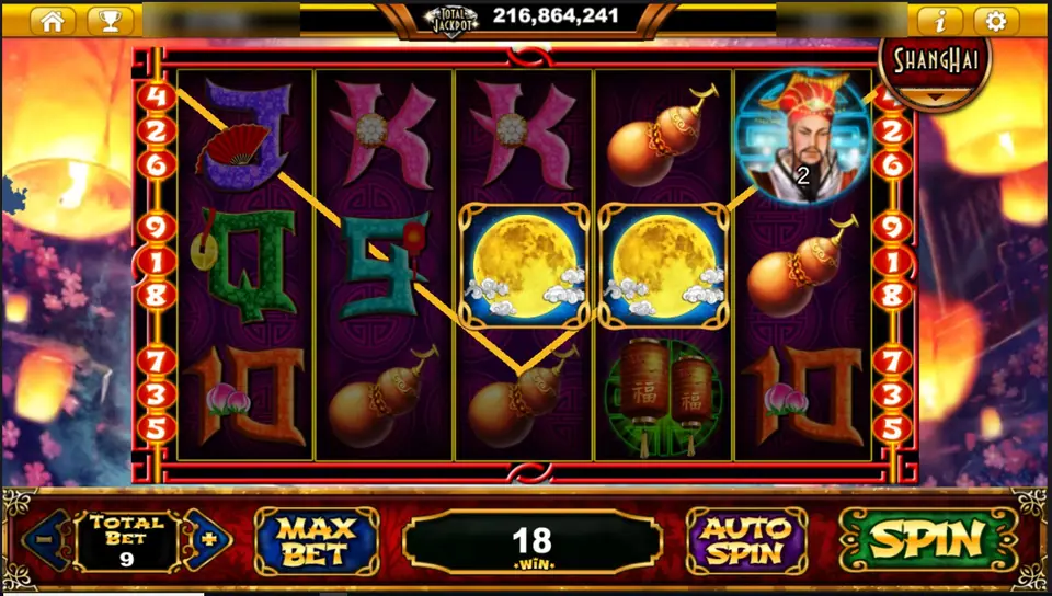 Two full moon symbols on reels 3 and 4, an emperor on reel 5 and 18 in the win box
