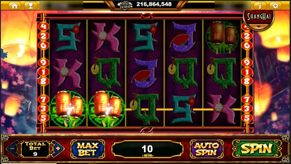 Two lantern symbols at the start of line 3 paying 5, total win 10