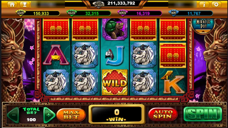 Fu Lai reels with red treasure doors stacked across the top, four white tigers, a turtle and a gold WILD on reel 3, total bet 100