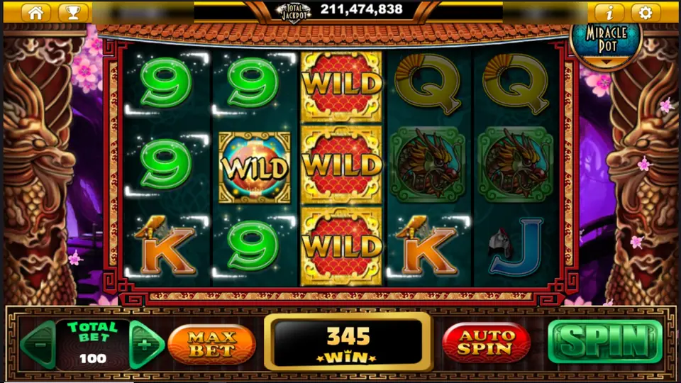 A full reel of gold wilds on reel 3 and a lantern WILD on reel 2, 345 won