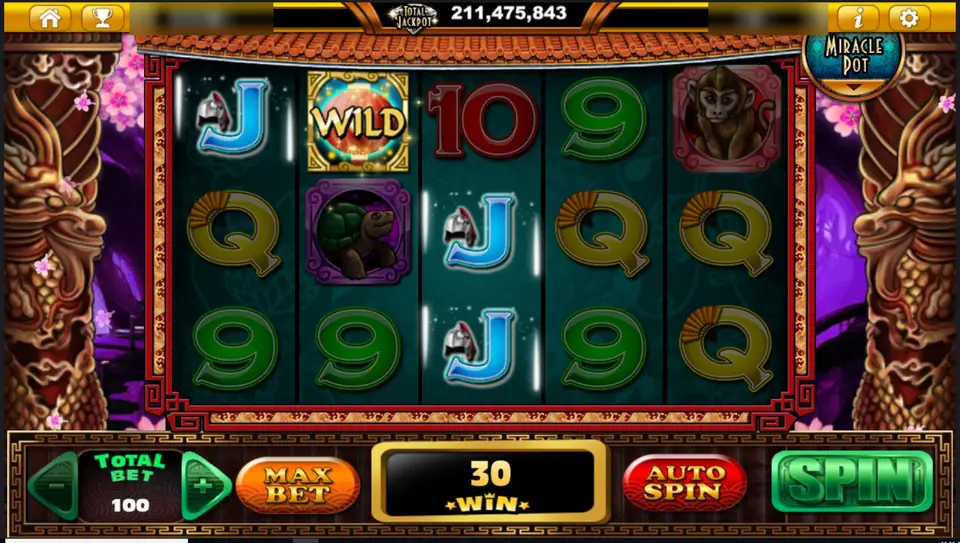 A lantern WILD on reel 2 with a turtle, a monkey and card symbols, 30 won