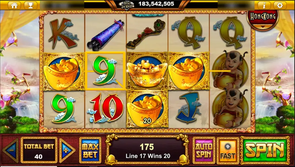 Ingot bowls and a green 9 lit across the middle row, line 17 paying 20, total win 175