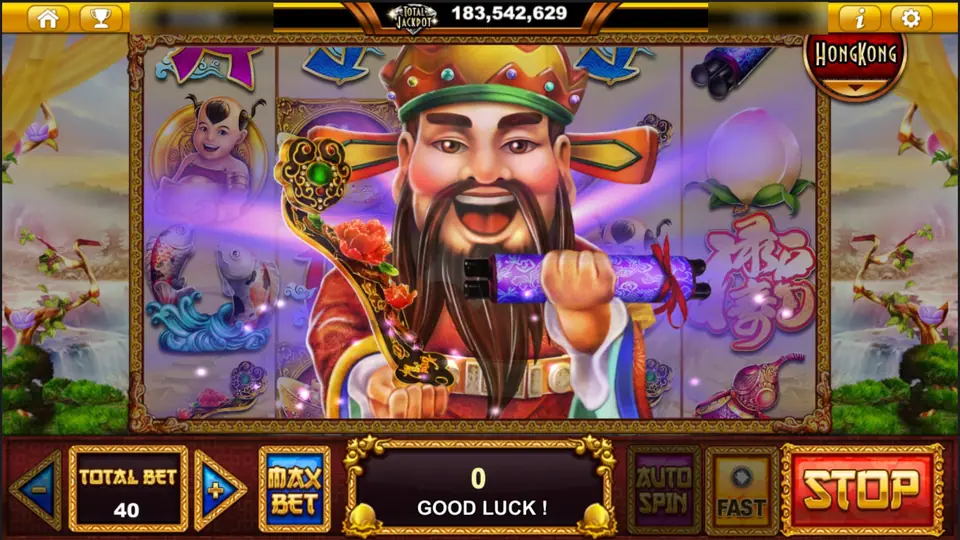 The fortune god with a ruyi sceptre and a scroll filling the reels, Good Luck in the message box