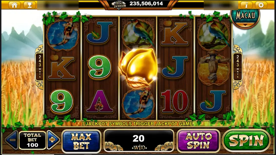 A gold seed glowing on reel 3 among koi, birds and card symbols, 20 won