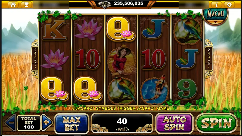 Gold Qs on reels 1 and 2 with lotus flowers and the farmer on reel 3, 40 won