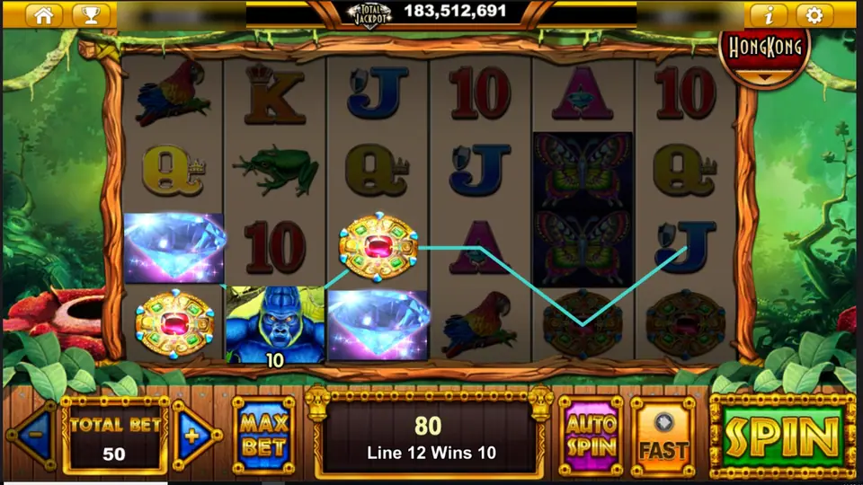 Line 12 through two gold amulets and a blue gorilla paying 10, total win 80