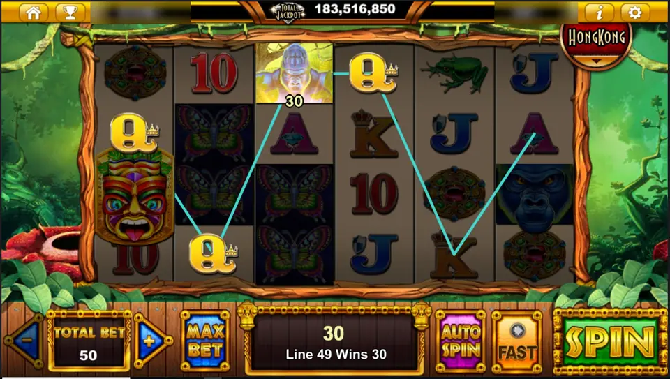 A zigzag of gold Qs on line 49 paying 30, a tiki mask on reel 1
