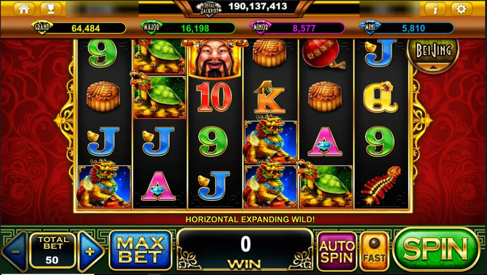 Great Abundance reels with a fortune god, turtles on gold coins, qilin, mooncakes, a red lantern and firecrackers, total bet 50
