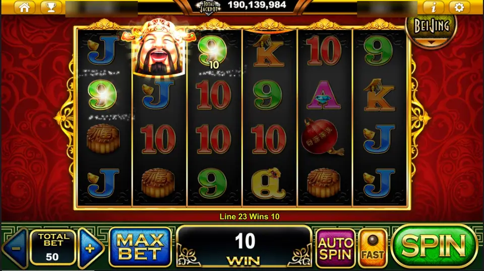 A fortune god at the top of reel 2 and line 23 paying 10