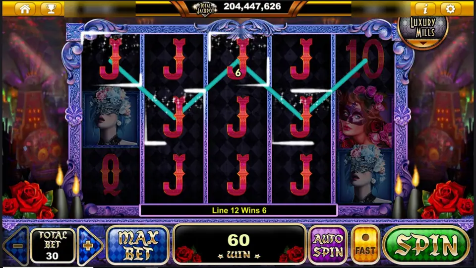 A zigzag of Js on line 12 paying 6, total win 60, masked portraits on reels 1 and 5