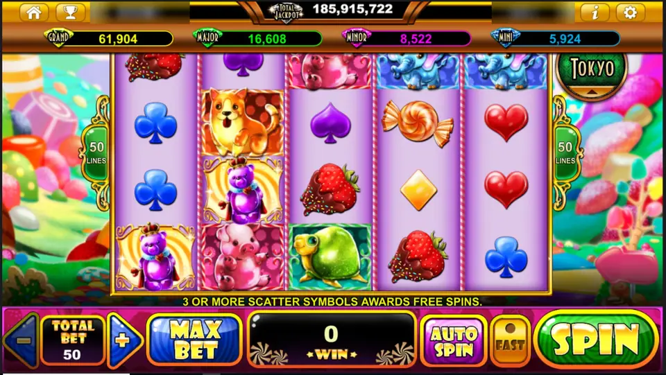 Gummy Wonderland reels with a gummy corgi, crowned purple bears, a pink pig, a green turtle, chocolate strawberries and candy card suits