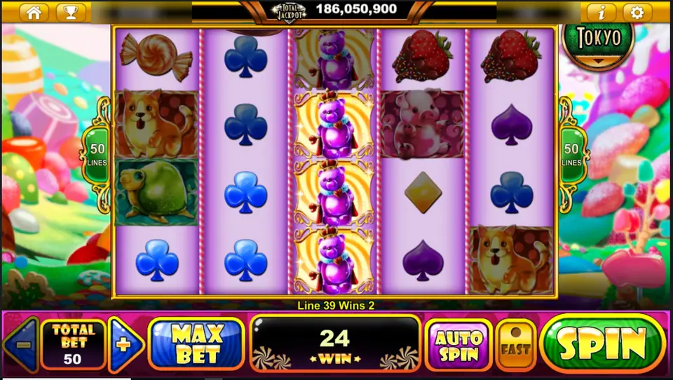 Crowned gummy bears stacked on reel 3 and clubs on reels 1 and 2, line 39 paying 2, total win 24