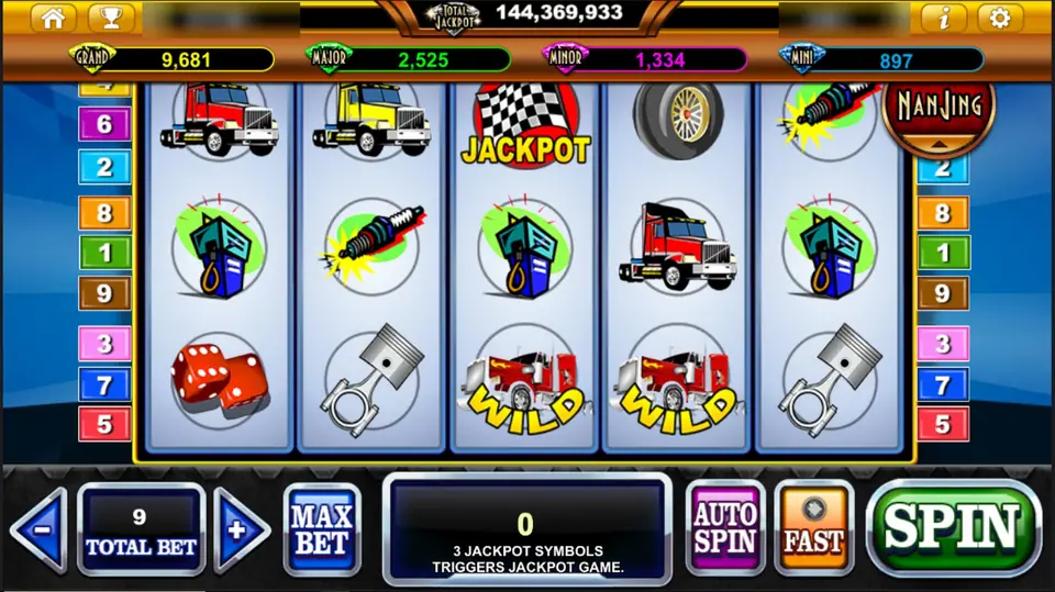 Highway Kings reels with red and yellow trucks, a fuel pump, spark plugs, dice, pistons, a chequered Jackpot flag and two red truck wilds