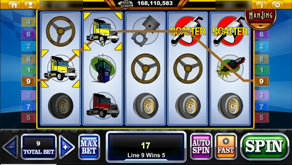 Two yellow trucks on line 9 paying 5, two exhaust pipe scatters on reels 4 and 5