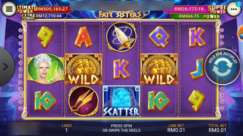 Two WILD tiles on reels 2 and 4 with a scatter on reel 3 in Fate Sisters on LPE88