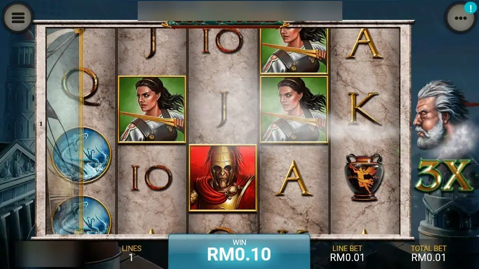 God of Storms at 3X with the storm god blowing across the reels and a RM0.10 win bar