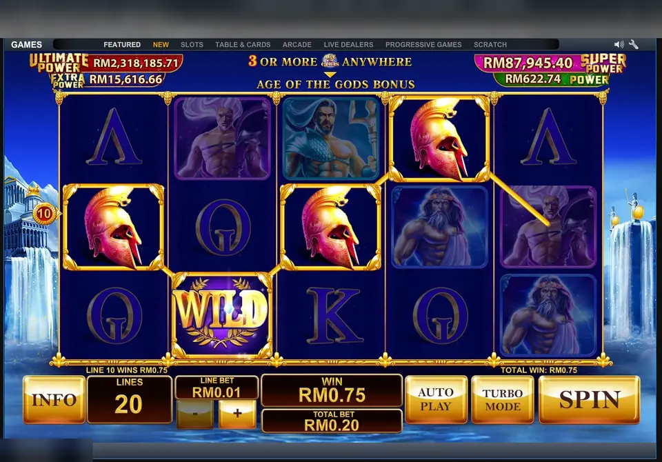 Age of the Gods on LPE88: three Spartan helmets and a laurel WILD pay RM0.75 on line 10, banner reading 3 or more anywhere Age of the Gods bonus