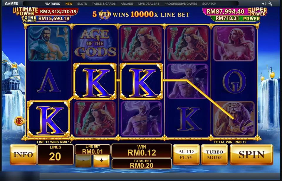 Three K symbols pay RM0.12 on line 13 while the banner reads 5 wild wins 10000x line bet