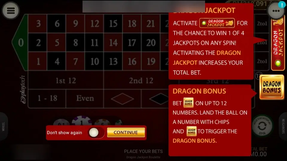 Dragon Jackpot help screen on LPE88 explaining the Dragon Jackpot switch and the Dragon Bonus on up to 12 numbers