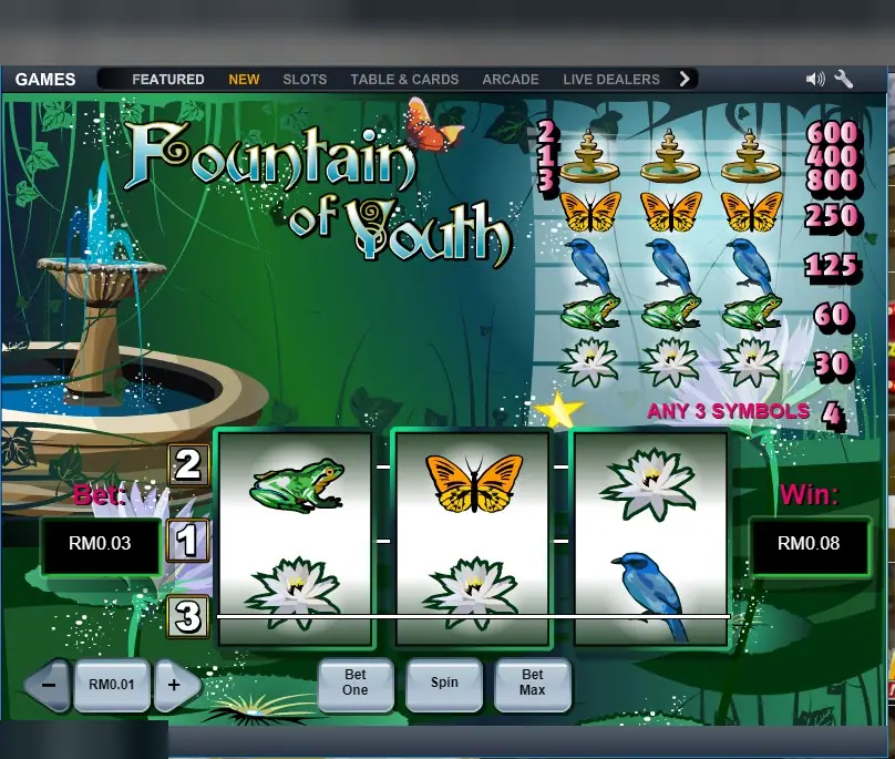 Fountain of Youth on LPE88 with a frog, butterfly and lily on the top line and a RM0.08 win
