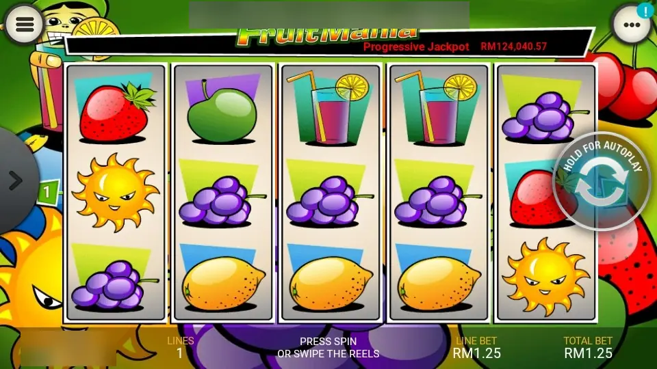 Fruit Mania on LPE88 with two cocktail glasses on reels 3 and 4 and three bunches of grapes across the middle row from reel 2
