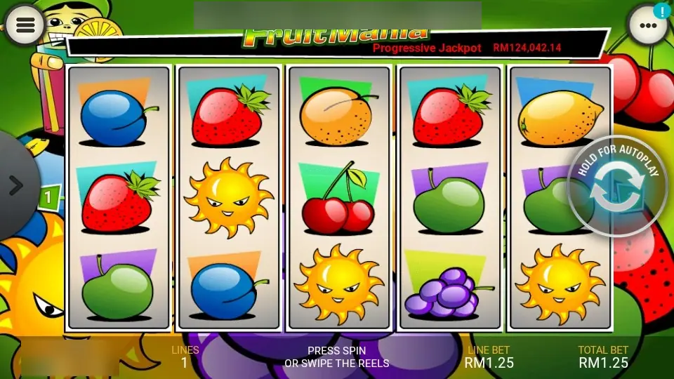 Fruit Mania on LPE88 with a sun, strawberries, plums and a cherry on the reels, the progressive meter at RM124,042.14