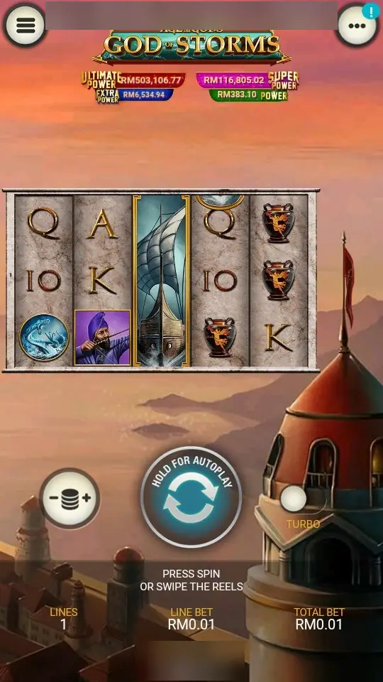 God of Storms on LPE88 held upright, the reels in the middle and a HOLD FOR AUTOPLAY button below