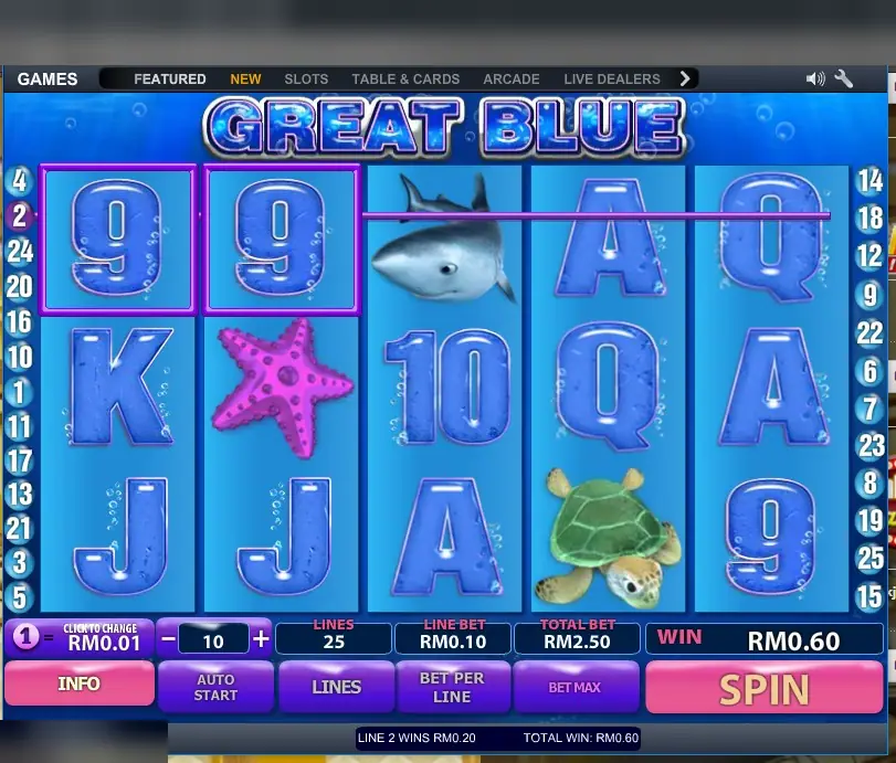 Great Blue on LPE88 with two 9s on line 2 and a shark, winning RM0.60 in total