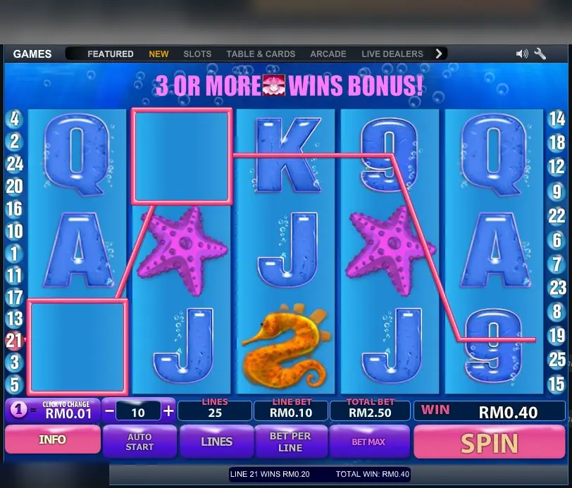 Great Blue on LPE88 with the banner 3 or more pearls wins bonus and a RM0.40 win on line 21