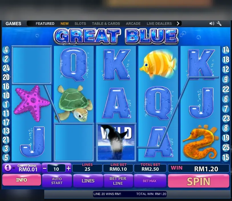 Great Blue on LPE88 with an orca WILD on reel 3 completing a line, a turtle, a starfish, a yellow fish and a seahorse, win RM1.20