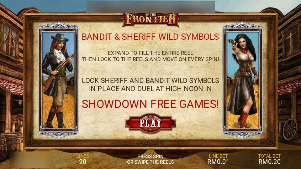 Heart of the Frontier intro on LPE88: bandit and sheriff wild symbols expand to fill the entire reel, then lock and move, leading to Showdown free games