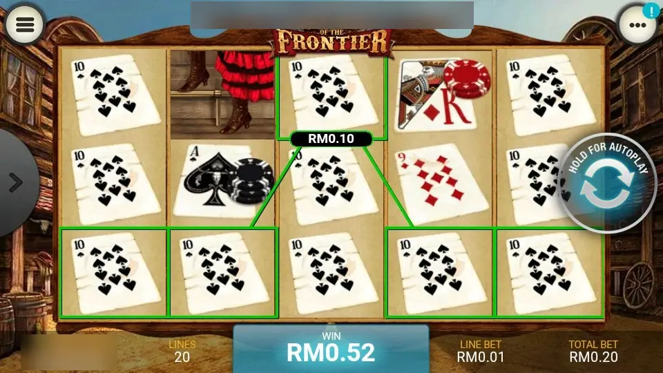 Heart of the Frontier on LPE88 with a line of five 10s of spades boxed in green and a RM0.52 win