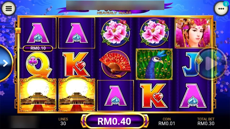 Heavenly Ruler win on LPE88: three aces boxed on line 22 for RM0.10, two palaces on reels 1 and 2 and a total win of RM0.40