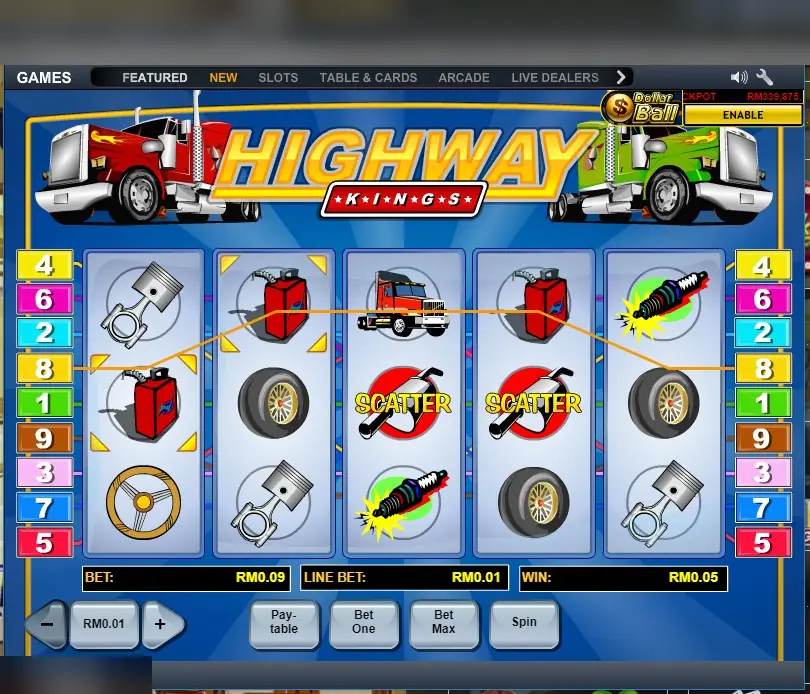 Highway Kings on LPE88 with two SCATTER symbols on reels 3 and 4 and fuel cans on line 8, win RM0.05
