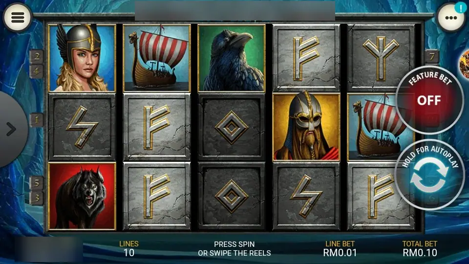 Ice Cave on LPE88 with a shieldmaiden, a longship, a raven, a bearded Viking, a black wolf and stone rune symbols, Feature Bet off, 10 lines at RM0.01