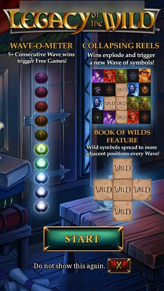 Legacy of the Wild intro on LPE88 explaining the Wave-o-meter, collapsing reels and the Book of Wilds feature