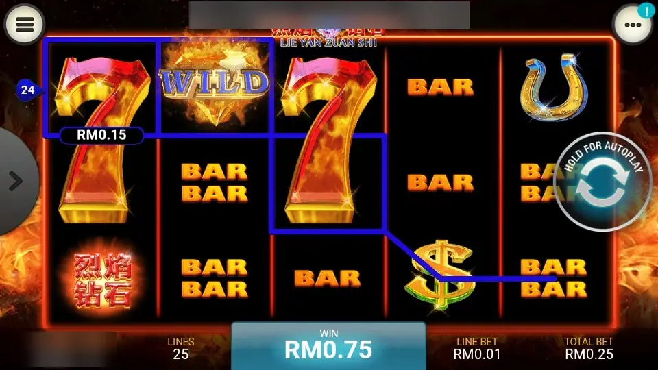 Lie Yan Zuan Shi on LPE88 with the flaming diamond WILD on reel 2 between sevens on line 24, total win RM0.75