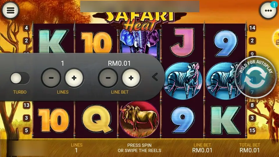 Safari Heat on LPE88 with the settings drawer open: TURBO switch, LINES at 1 and LINE BET at RM0.01